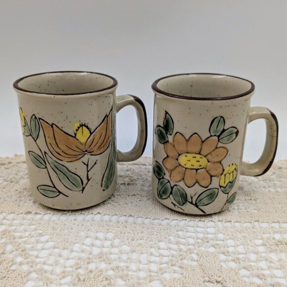 Pair of 1970s Otagiri Style Stoneware Earth Tone Floral Mugs